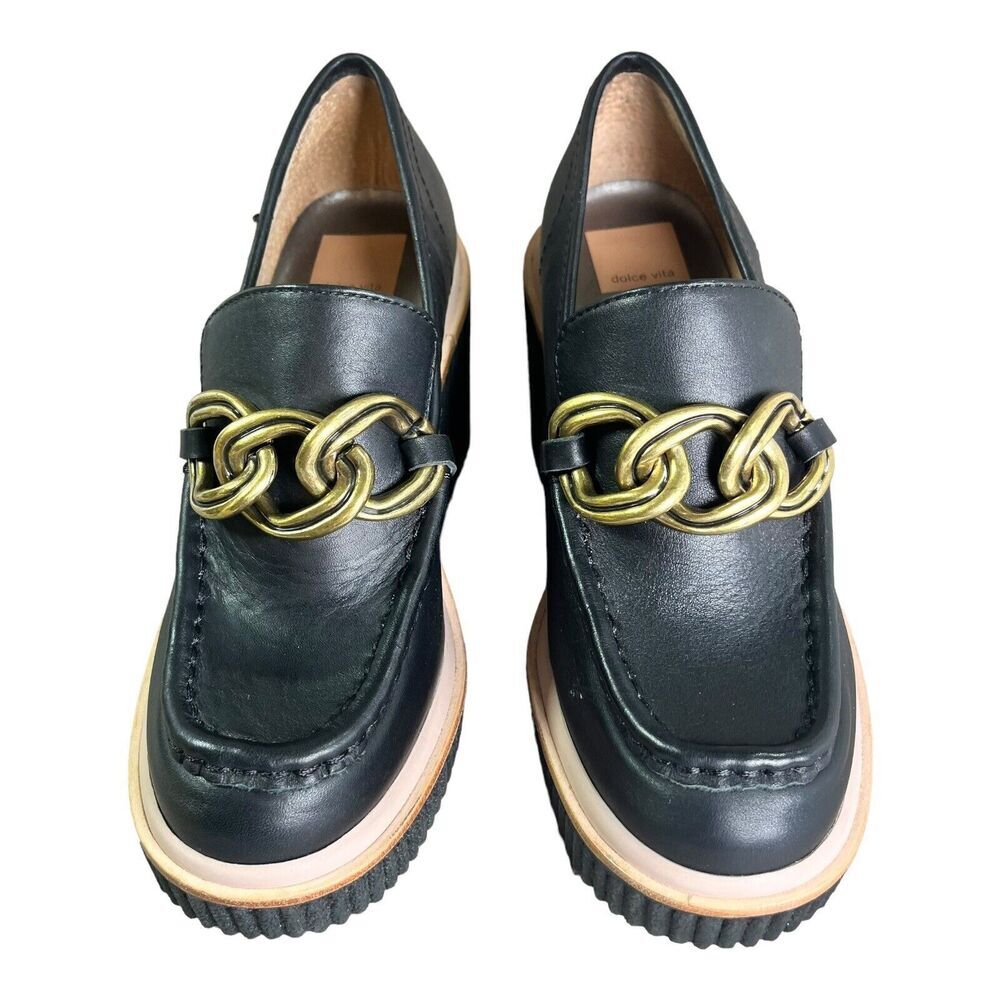 DOLCE VITA Women's Brenan Wedges Black Leather Chain Loafer Sz 6.5 Platform - Picture 2 of 10